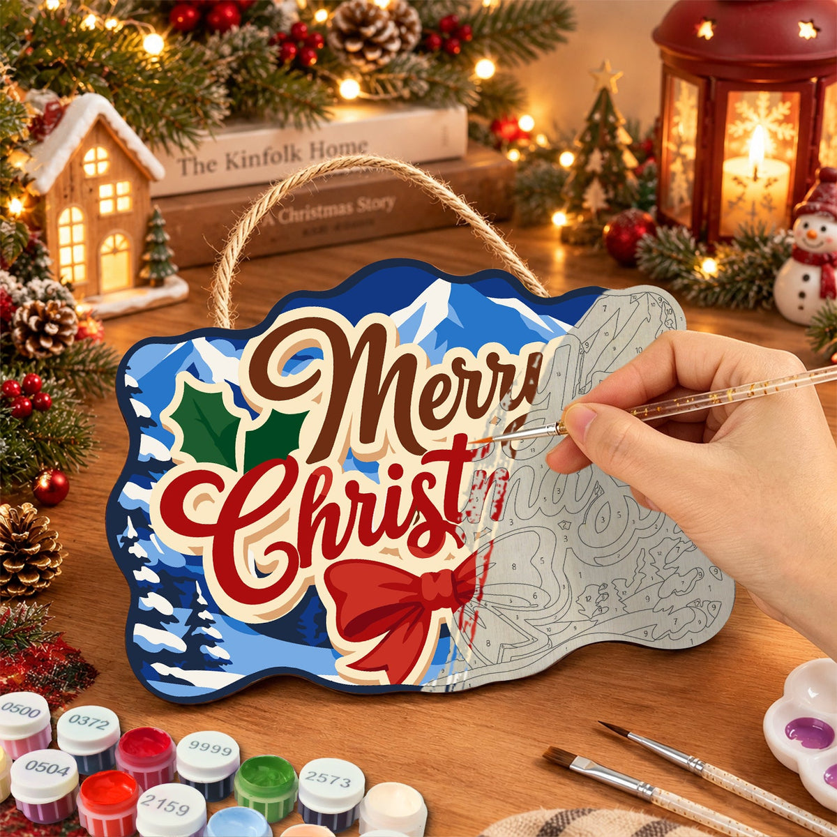 Mountain christmas scene paint by numbers door hanger painting process