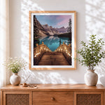 Finished mountain lake boardwalk cross stitch artwork displayed