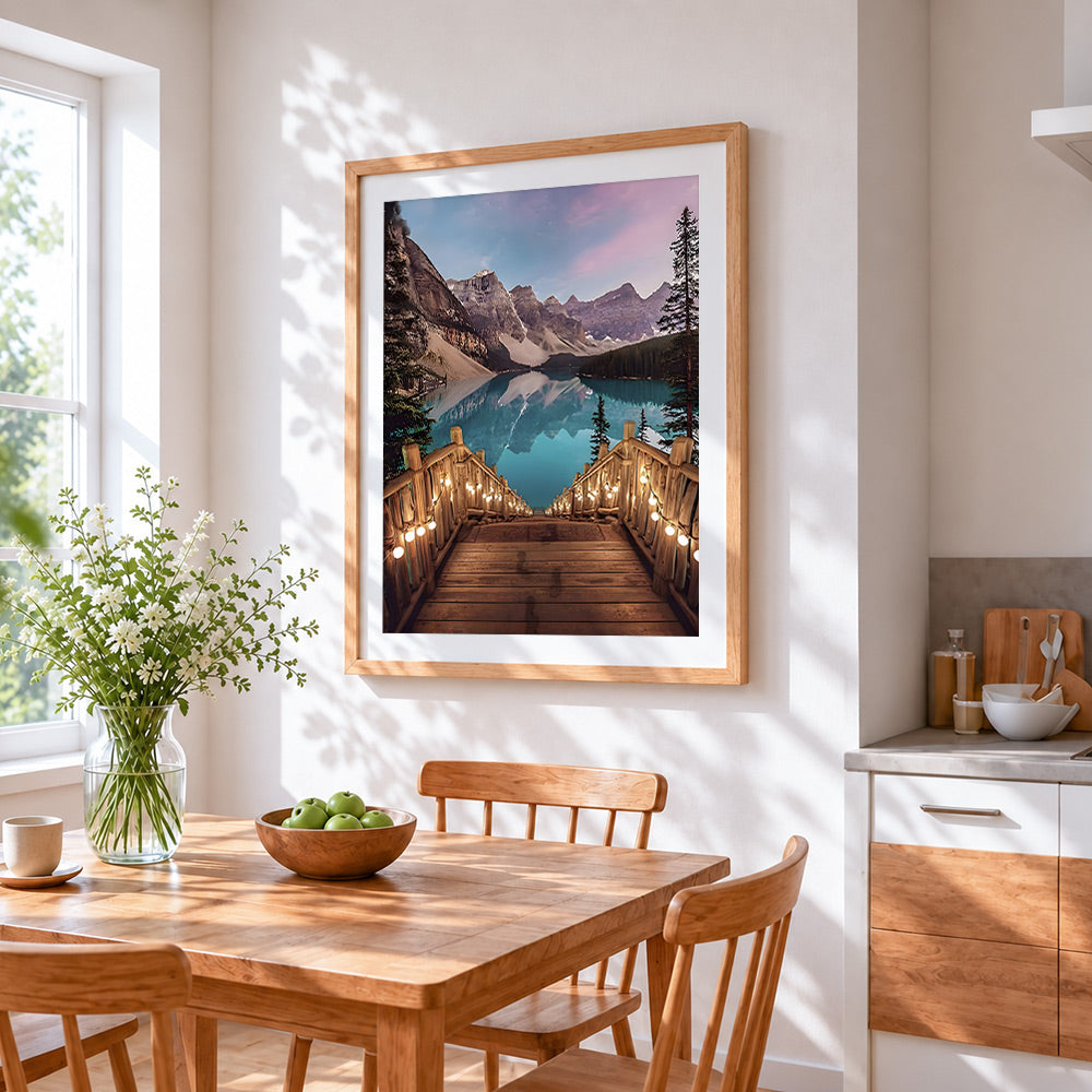 Mountain lake boardwalk cross stitch artwork displayed on wall as home decor