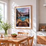 Mountain lake boardwalk cross stitch artwork displayed on wall as home decor