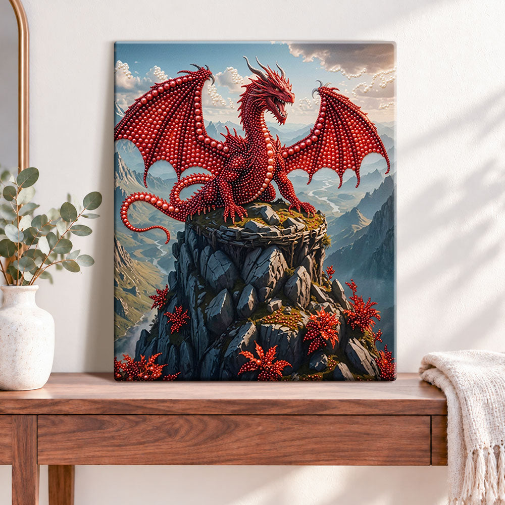 Finished mountain peak red dragon pearl diamond painting artwork displayed as home decor