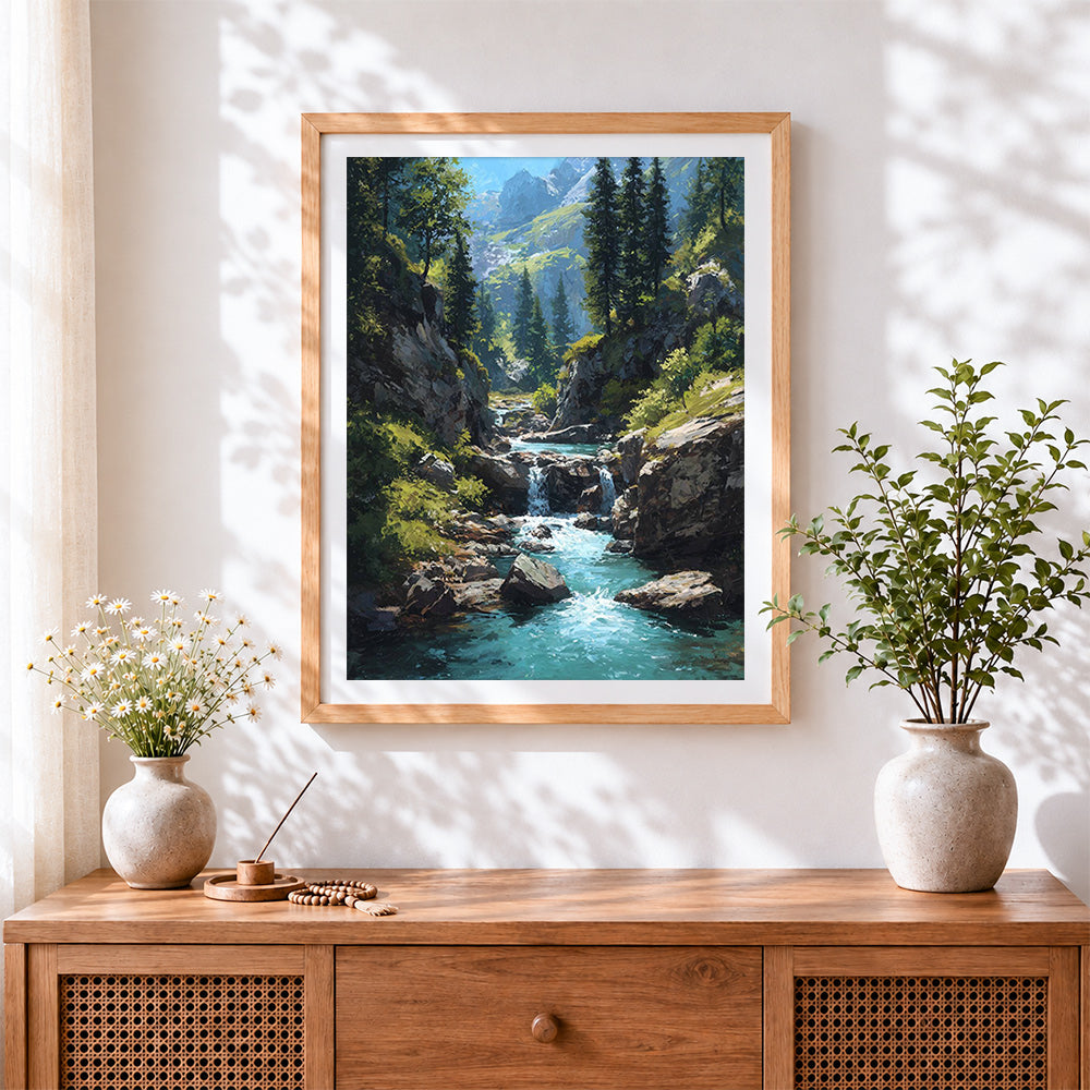 Finished mountain stream cross stitch artwork displayed