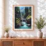 Finished mountain stream cross stitch artwork displayed