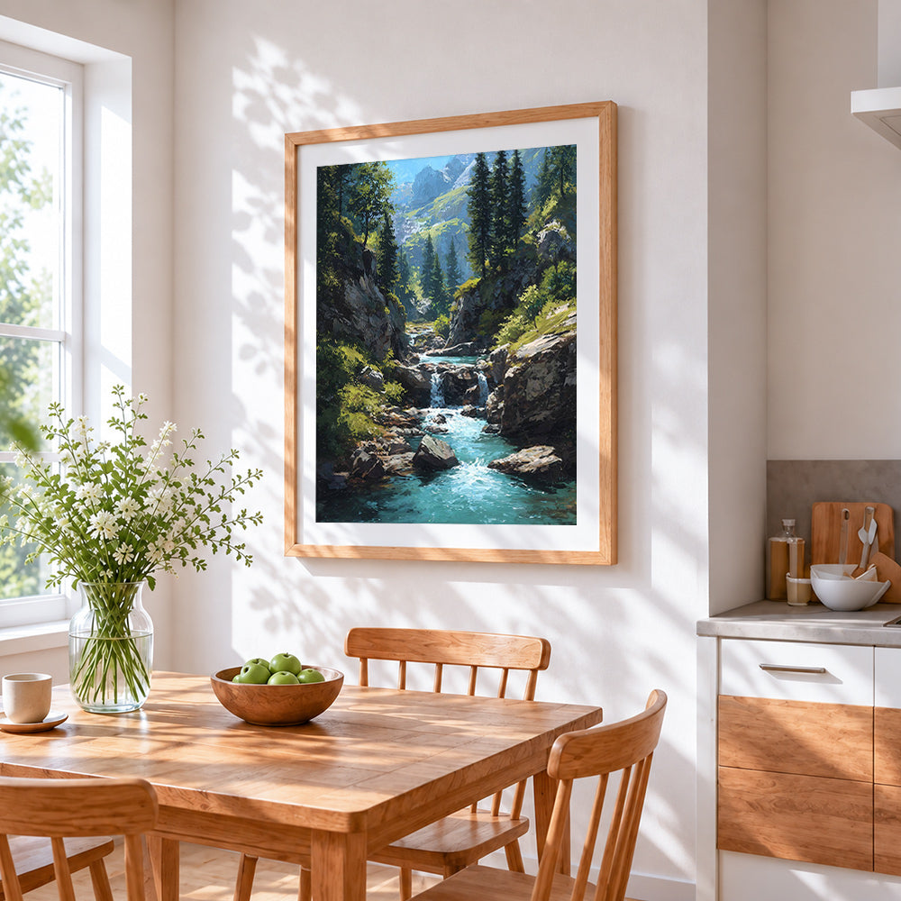 Mountain stream cross stitch artwork displayed on wall as home decor