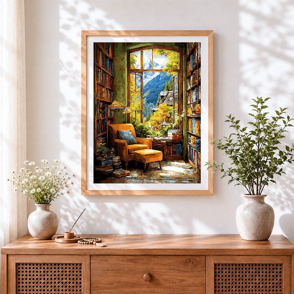 Finished mountain view reading corner cross stitch artwork displayed