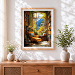 Finished mountain view reading corner cross stitch artwork displayed