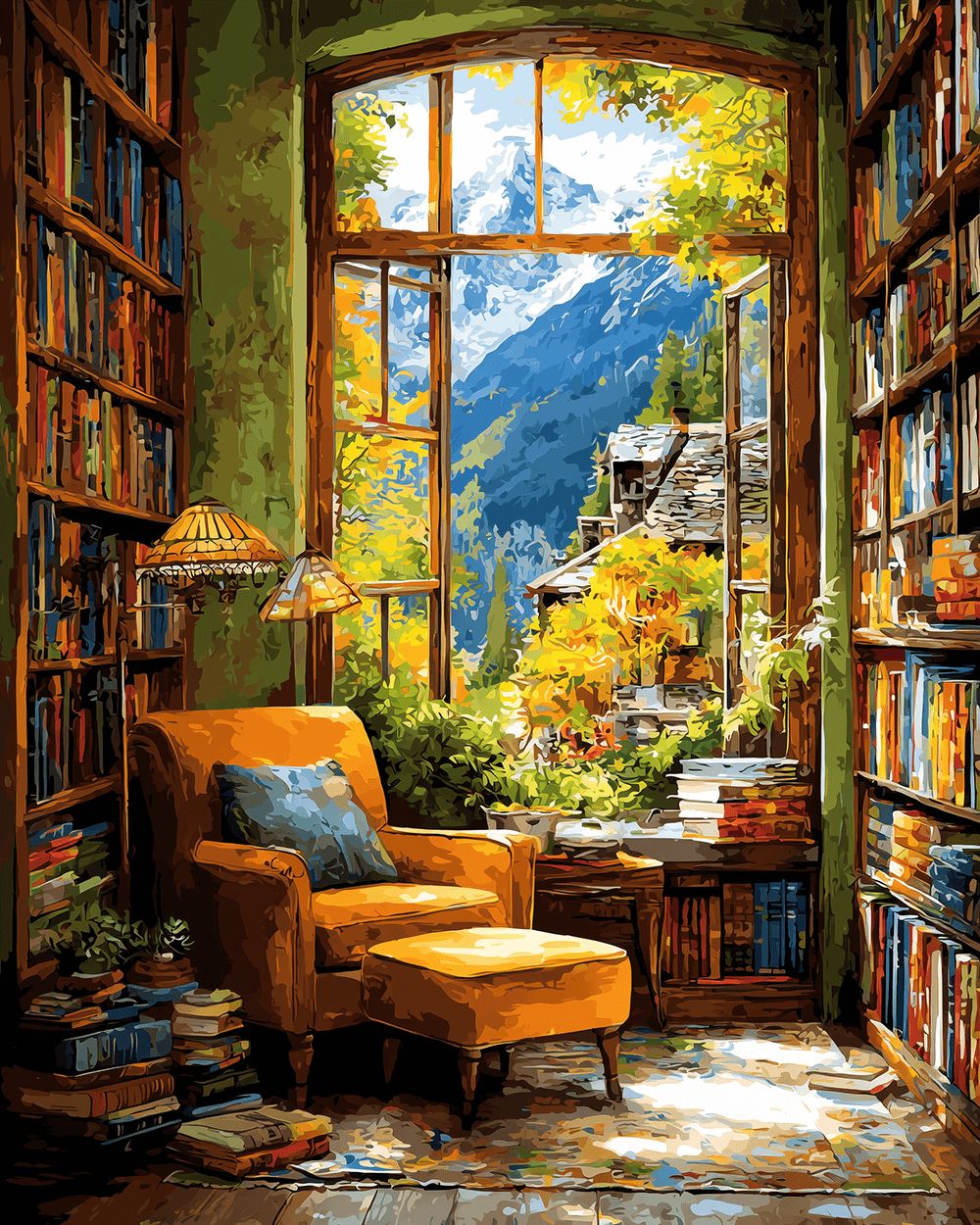 Mountain view reading corner cross stitch kit for beginners