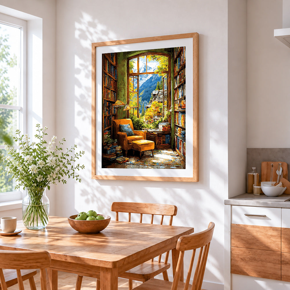 Mountain view reading corner cross stitch artwork displayed on wall as home decor