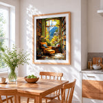 Mountain view reading corner cross stitch artwork displayed on wall as home decor