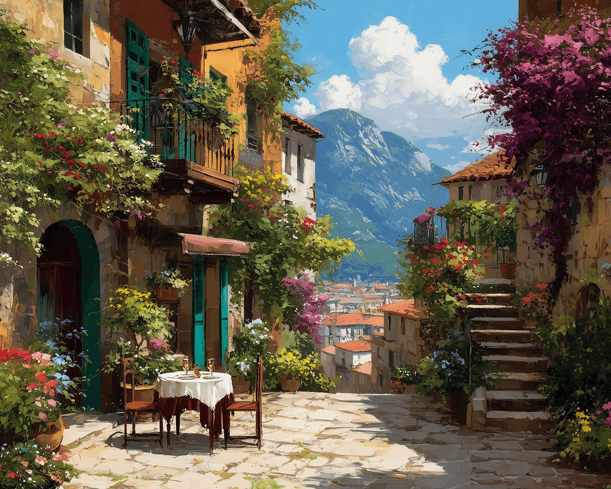 Mountain village and al fresco dining cross stitch kit for beginners