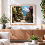 Finished mountain village and Al fresco dining paint by numbers artwork displayed as home decor