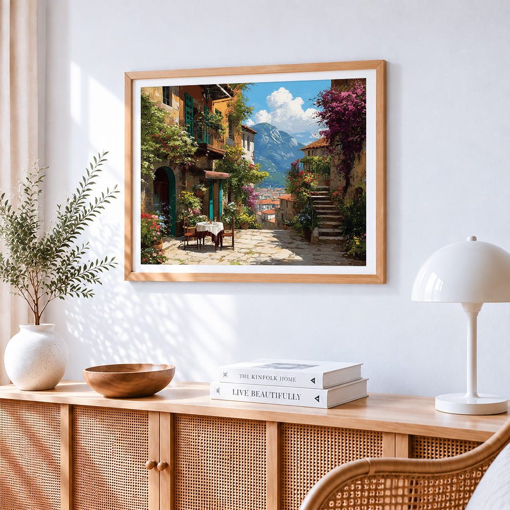 Mountain village and Al fresco dining paint by numbers artwork displayed on wall as home decor