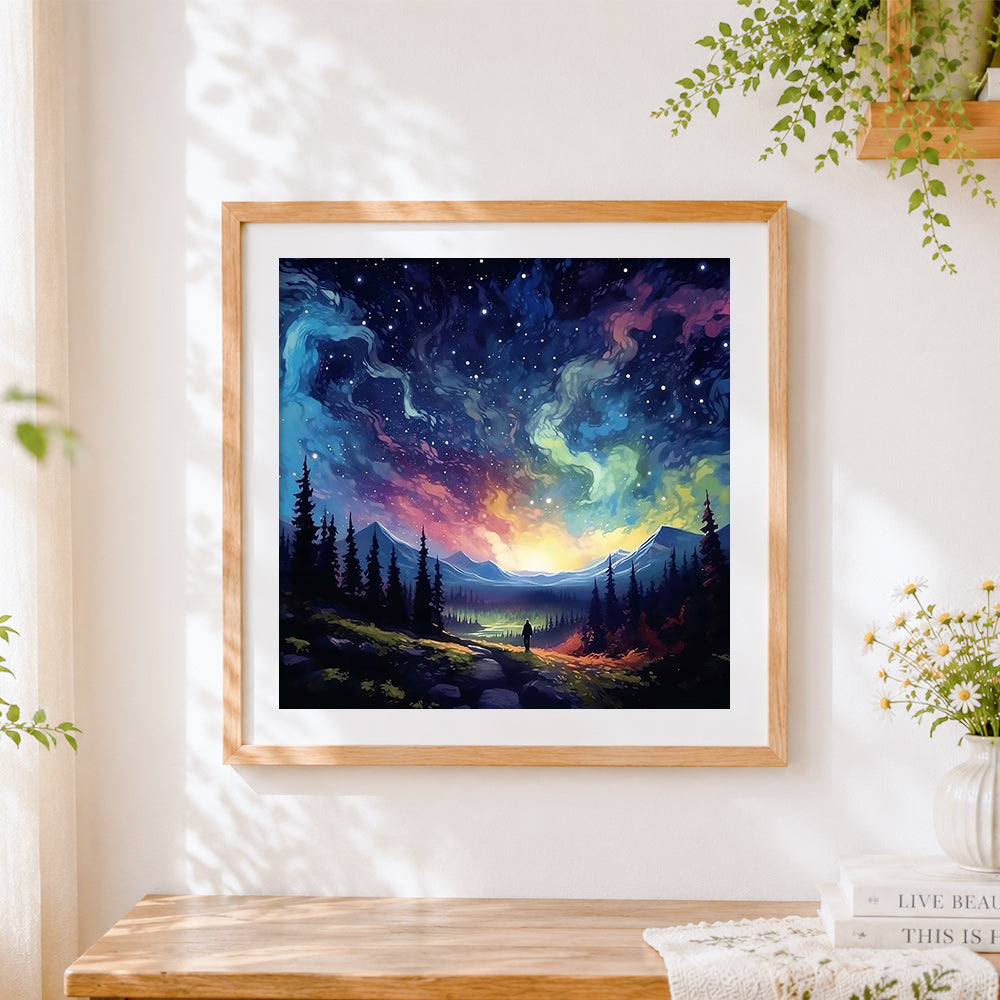 Finished mountain wanderer under the stars cross stitch artwork displayed