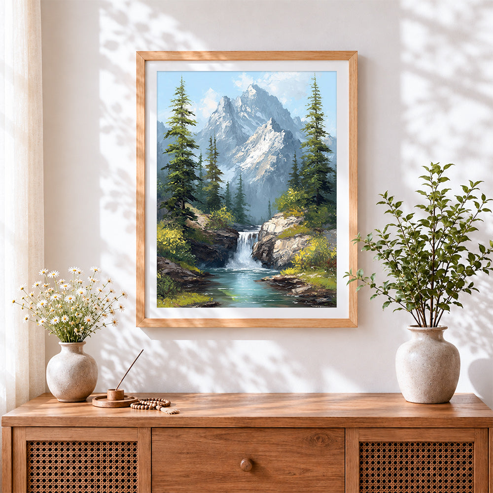 Finished mountain waterfall and pine trees cross stitch artwork displayed