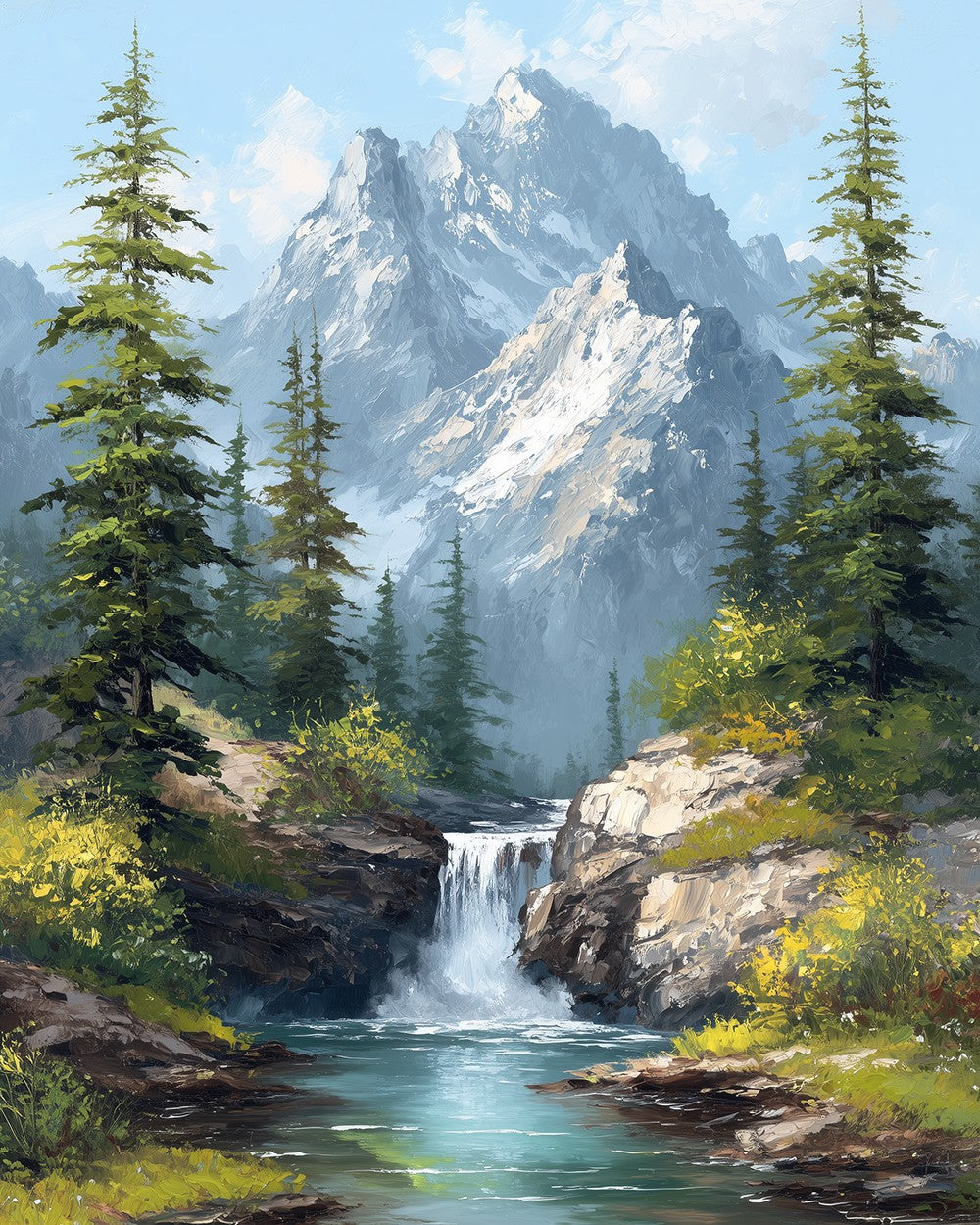 Mountain waterfall and pine trees cross stitch kit for beginners