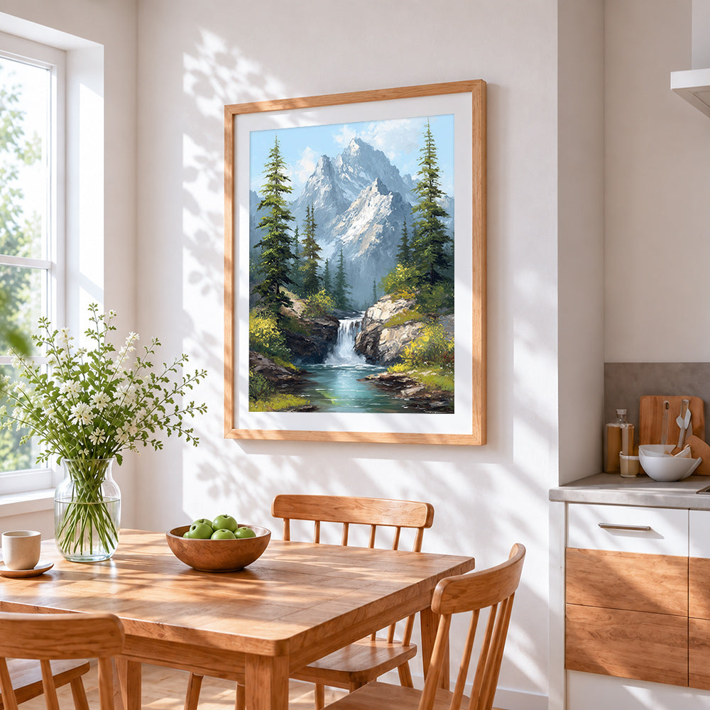 Mountain waterfall and pine trees cross stitch artwork displayed on wall as home decor