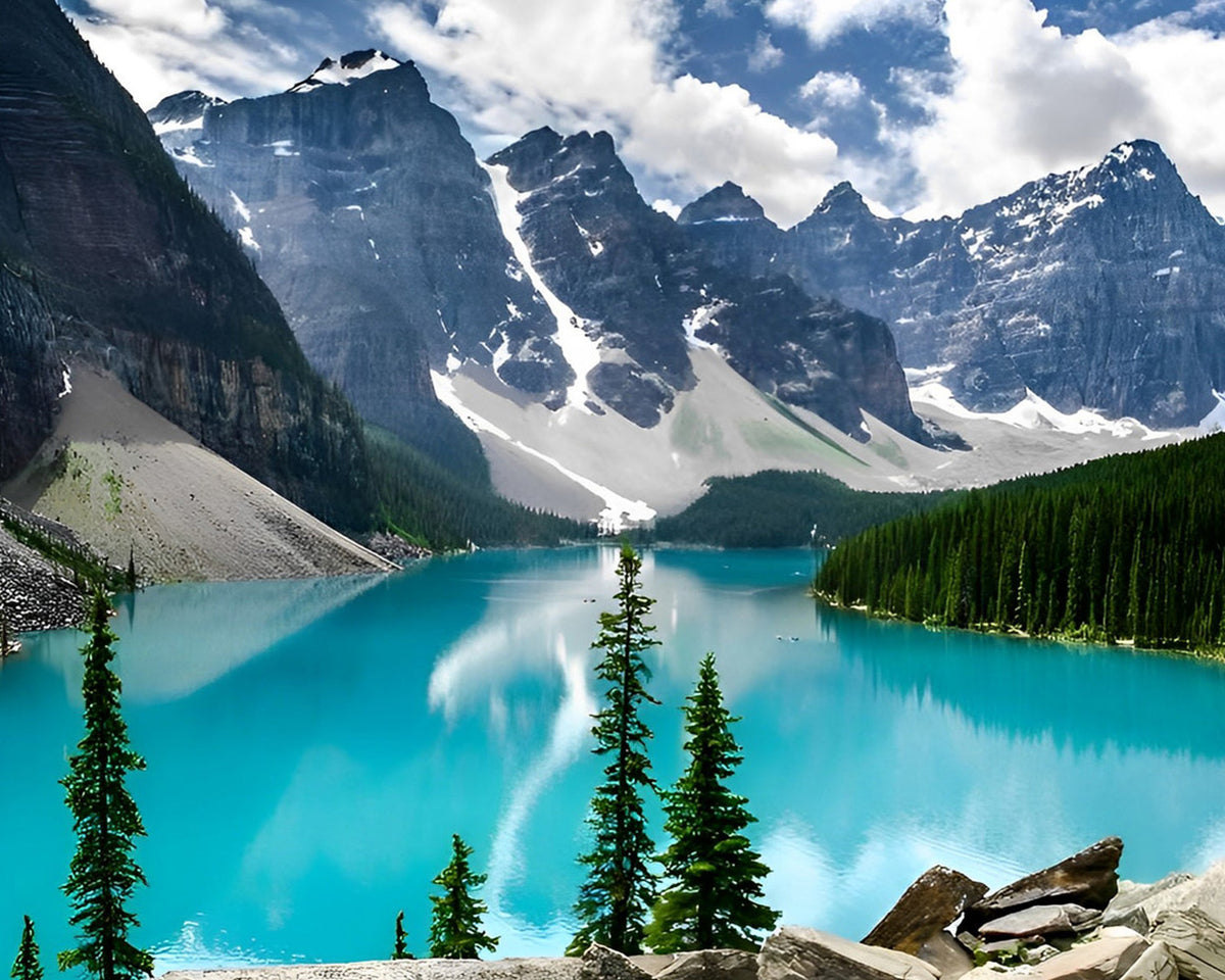 Mountains and turquoise lake cross stitch kit for beginners