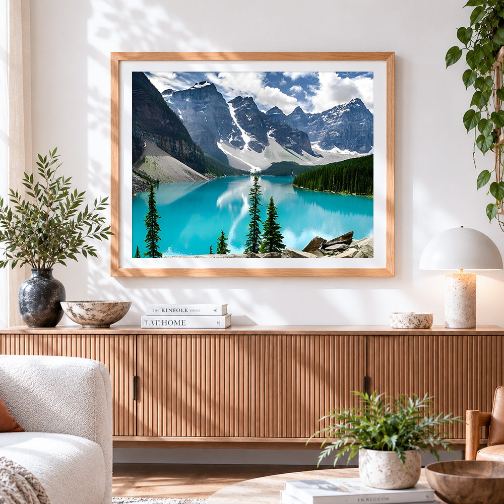 Finished mountains and turquoise lake paint by numbers artwork displayed as home decor