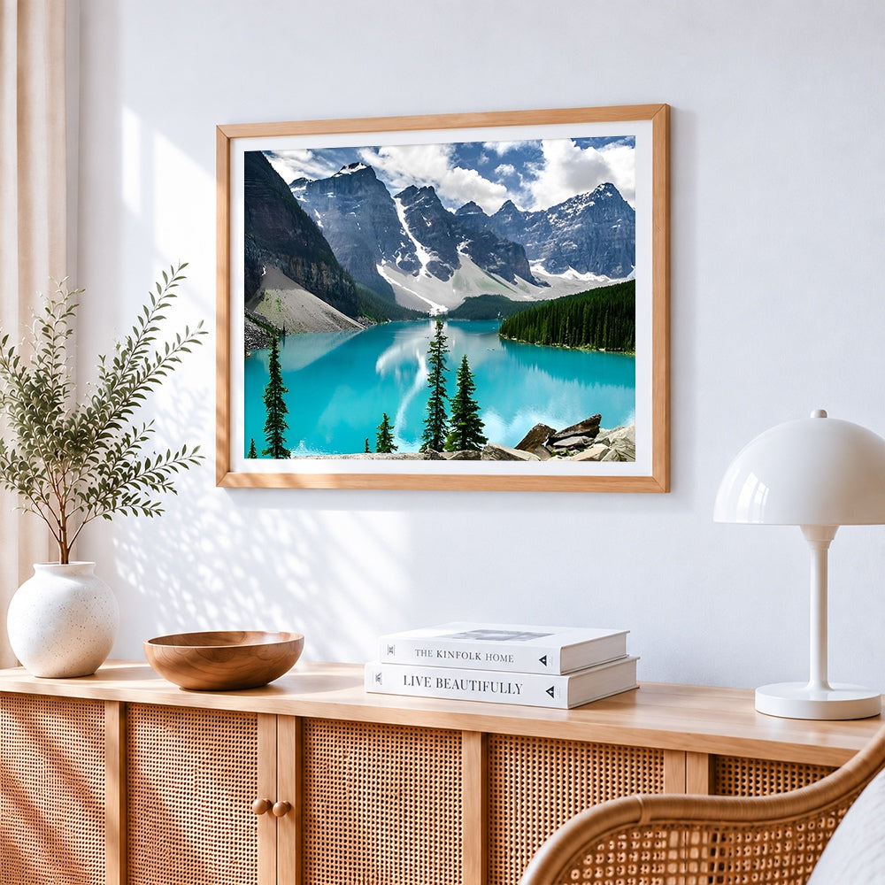 Mountains and turquoise lake paint by numbers artwork displayed on wall as home decor