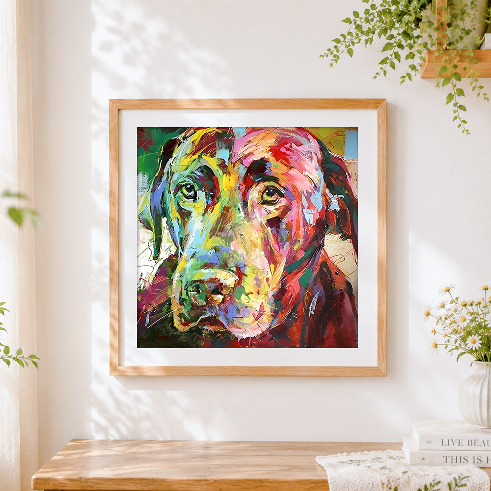 Finished multicolored dog face cross stitch artwork displayed