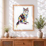Finished multicoloured cat cross stitch artwork displayed