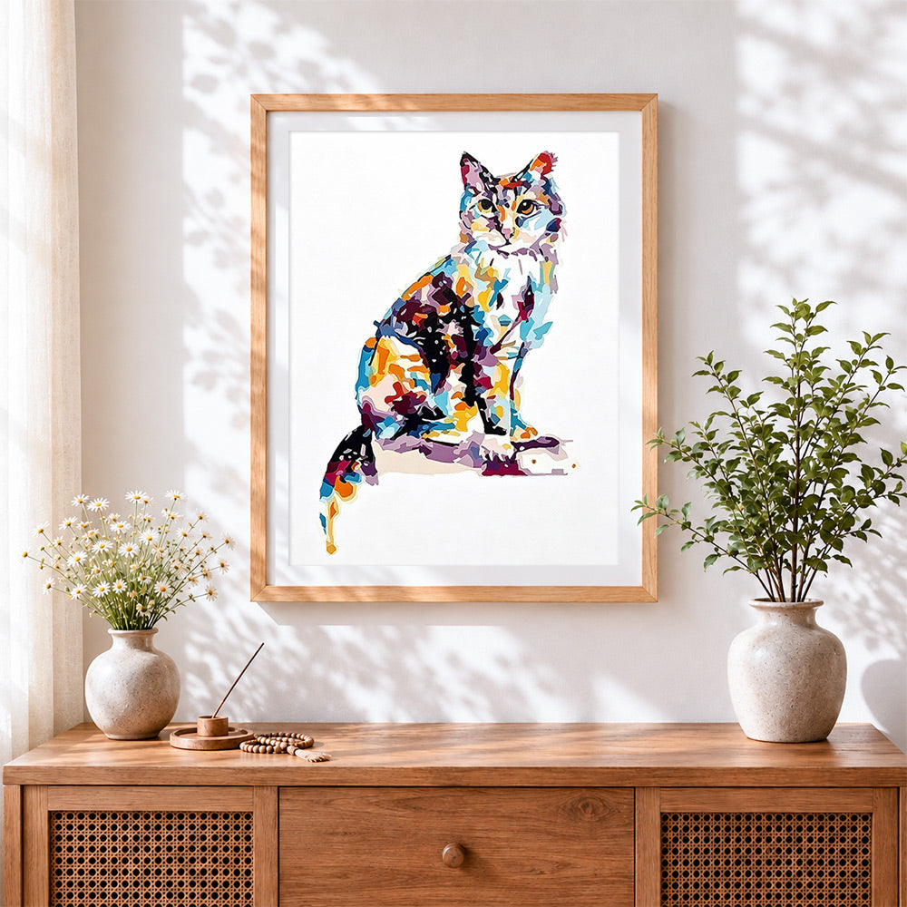 Finished multicoloured cat cross stitch artwork displayed