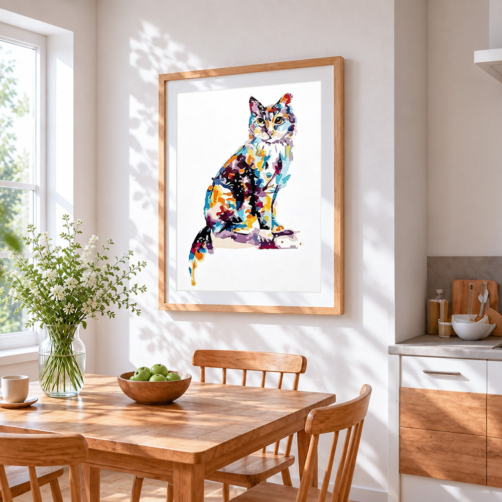 Multicoloured cat cross stitch artwork displayed on wall as home decor