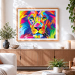 Finished multicoloured lion cross stitch artwork displayed