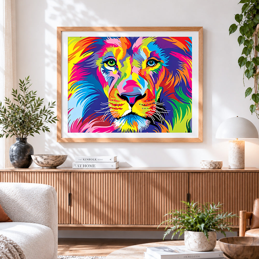 Finished multicoloured lion cross stitch artwork displayed