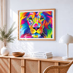 Multicoloured lion cross stitch artwork displayed on wall as home decor