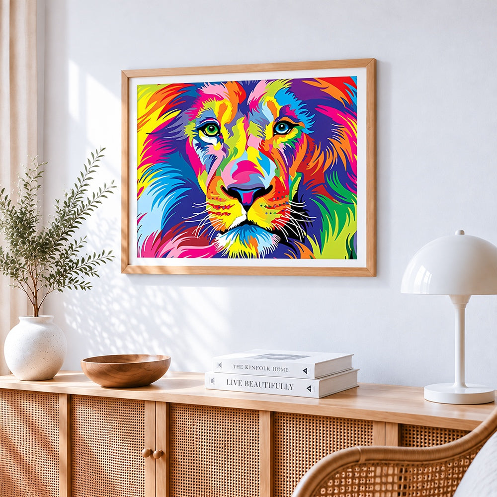 Multicoloured lion cross stitch artwork displayed on wall as home decor