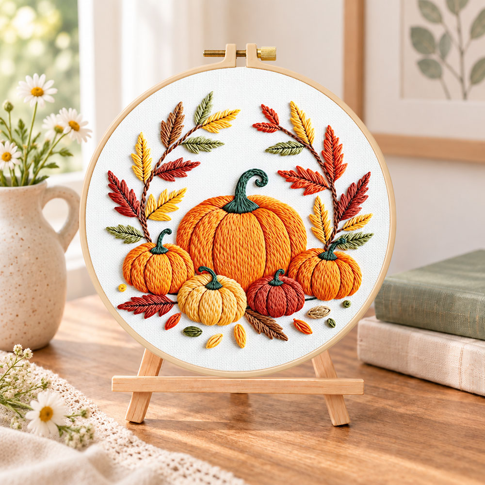 Multiple pumpkins with autumn leaves embroidery kit finished hoop displayed on a wooden stand as cosy tabletop decor