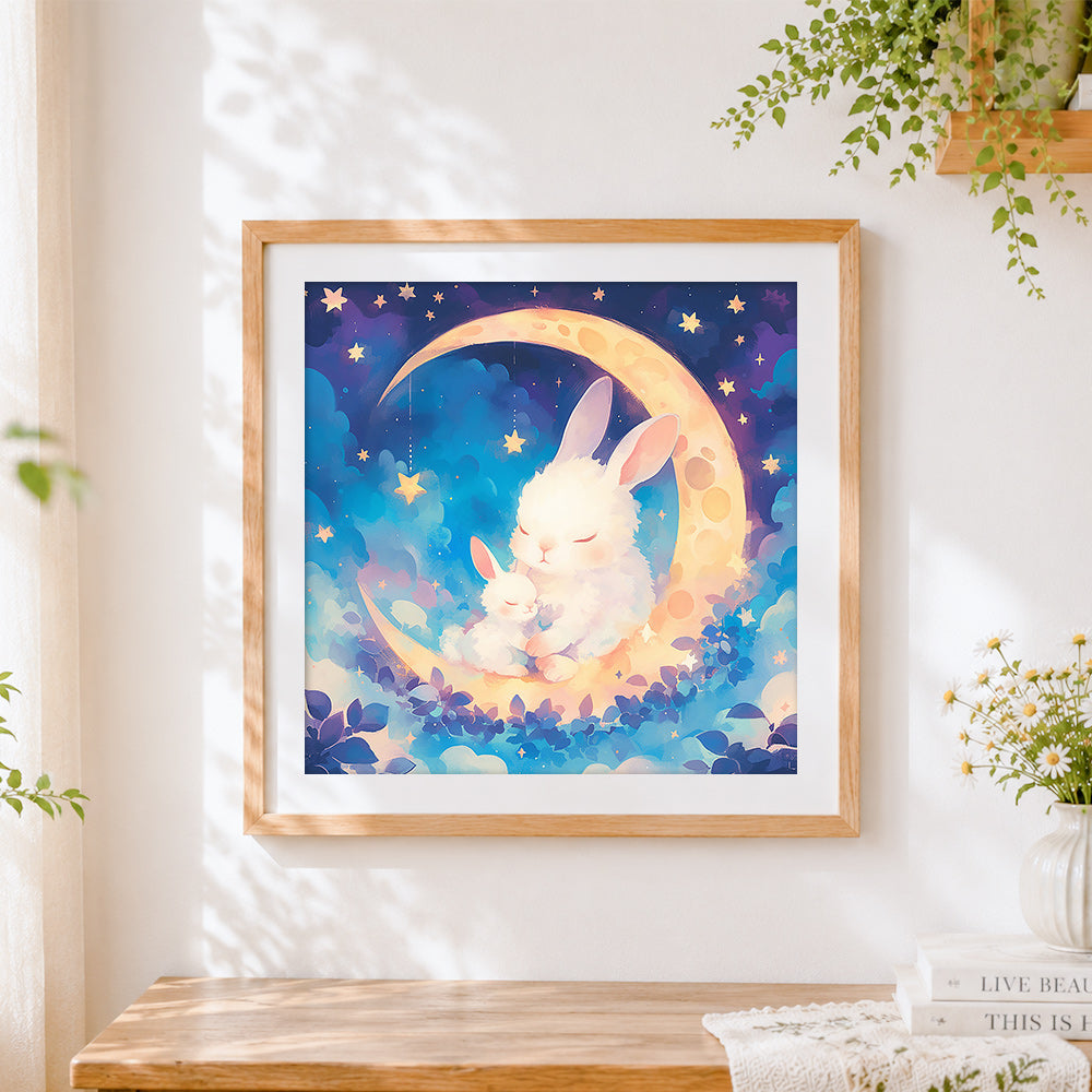 Finished mummy and baby bunny on the moon cross stitch artwork displayed