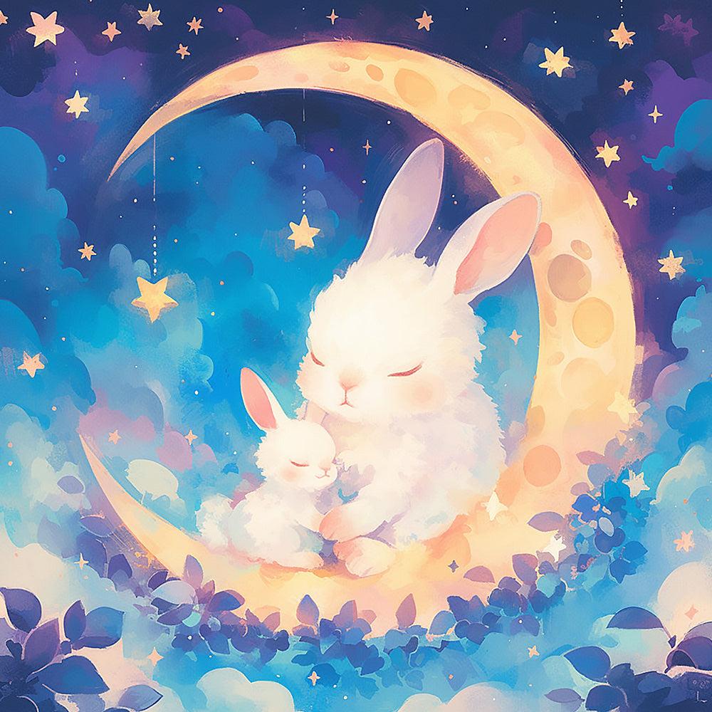Mummy and baby bunny on the moon cross stitch kit for beginners