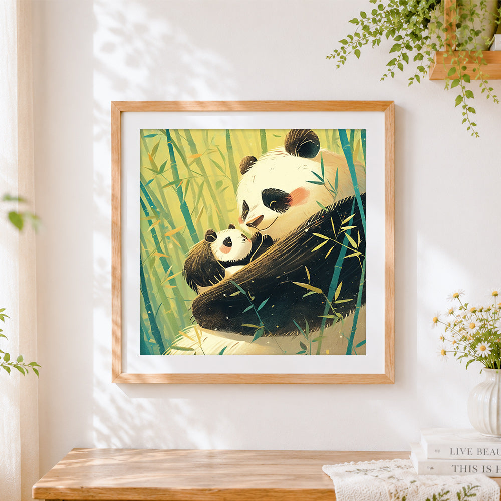Finished mummy and baby panda in a bamboo forest cross stitch artwork displayed