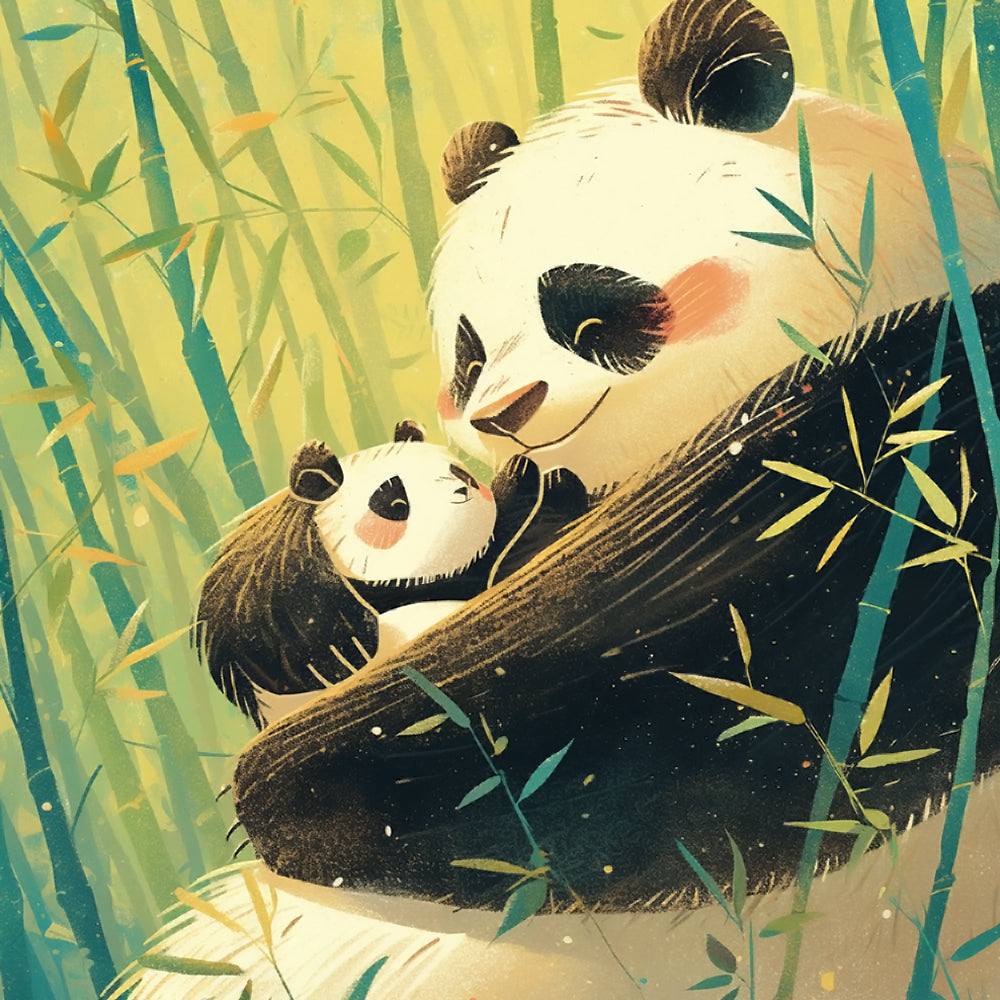 Mummy and baby panda in a bamboo forest cross stitch kit for beginners