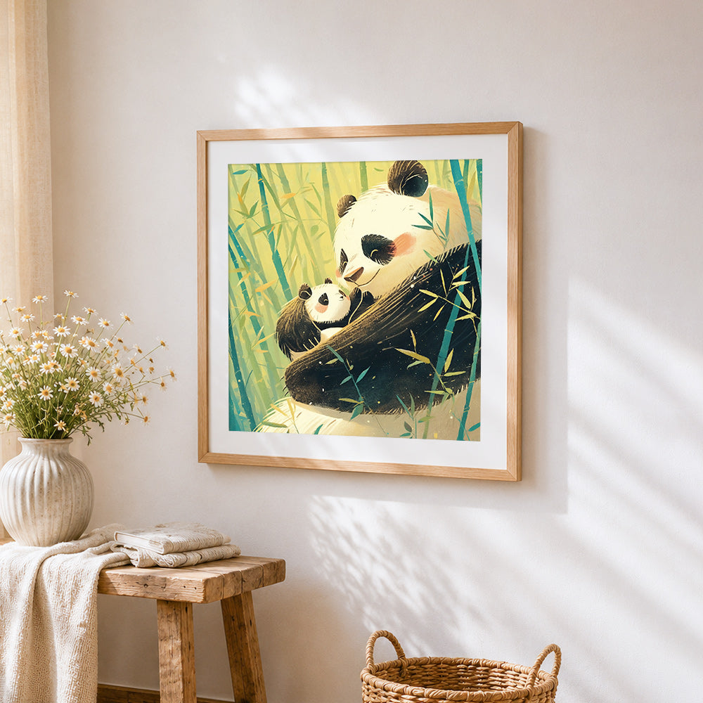 Mummy and baby panda in a bamboo forest cross stitch artwork displayed on wall as home decor