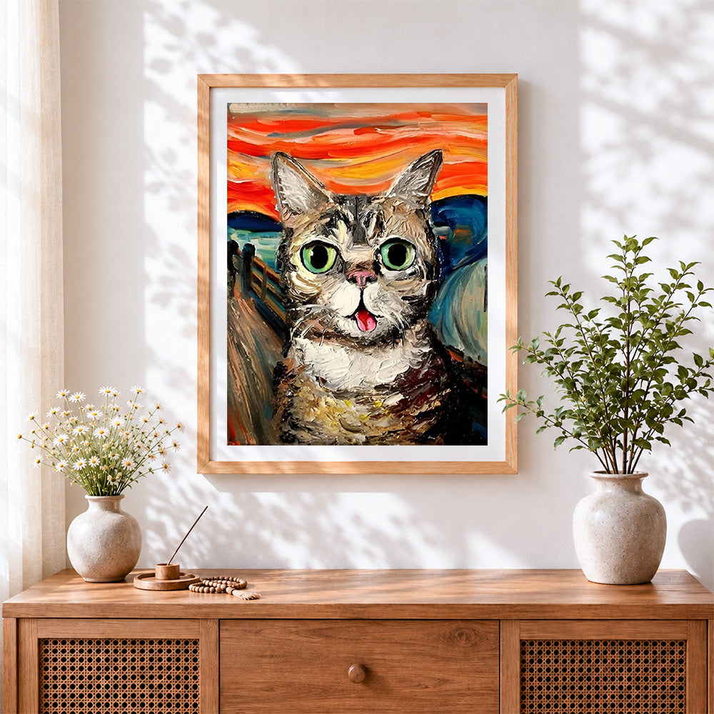 Finished munch style cat cross stitch artwork displayed