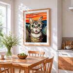 Munch style cat cross stitch artwork displayed on wall as home decor
