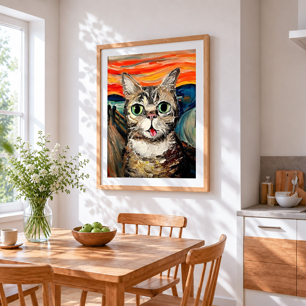 Munch style cat cross stitch artwork displayed on wall as home decor