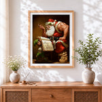 Finished muscular father christmas and elf paint by numbers artwork displayed as home decor