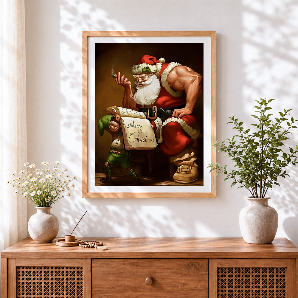 Finished muscular father christmas and elf paint by numbers artwork displayed as home decor
