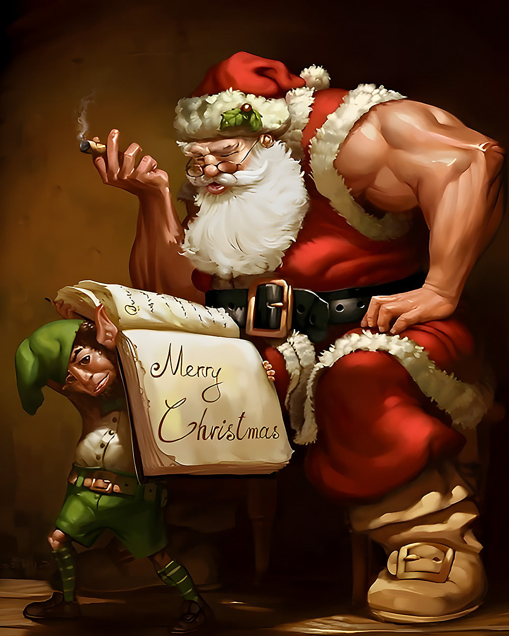 Muscular father christmas and elf paint by numbers kit for beginners