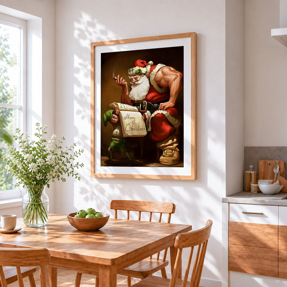 Muscular father christmas and elf paint by numbers artwork displayed on wall as home decor
