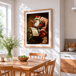 Muscular father christmas and elf paint by numbers artwork displayed on wall as home decor