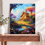 Finished mushroom fairy cottage pearl diamond painting artwork displayed as home decor