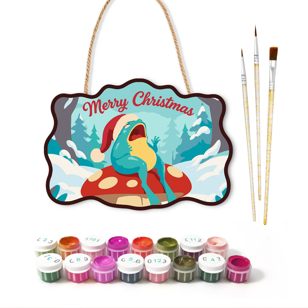 Mushroom frog christmas paint by numbers door hanger with paints and brushes