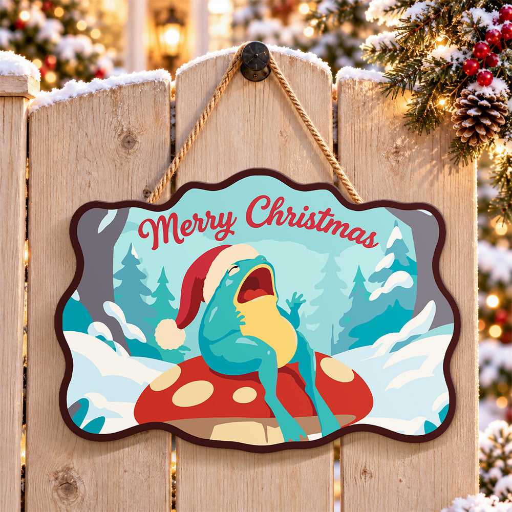 Mushroom frog christmas paint by numbers door hanger on a garden gate