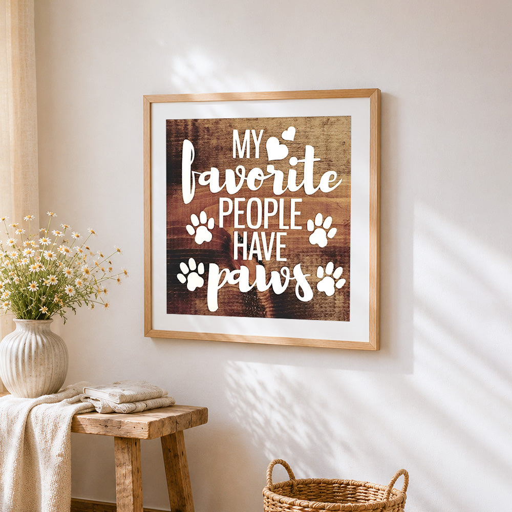 My favourite people have paws cross stitch artwork displayed on wall as home decor