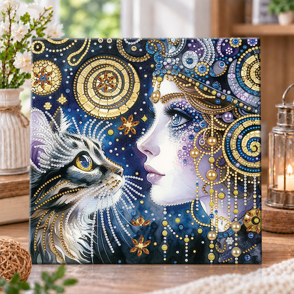 Mystery lady and cat pearl diamond painting kit for beginners